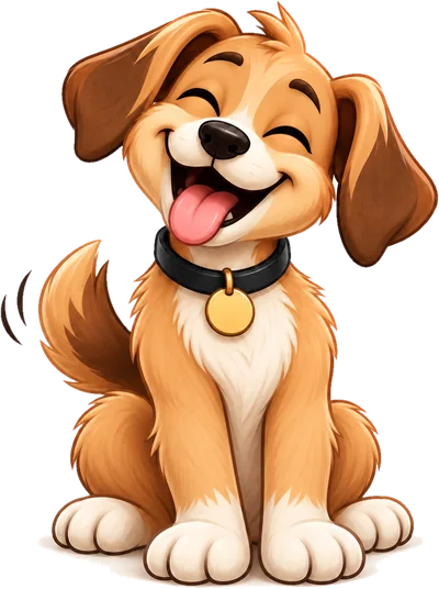 The MUTT mascot, sitting and looking happy